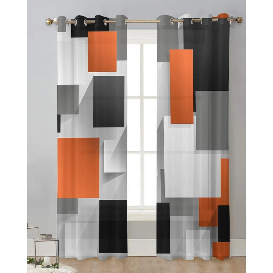 Yiran Furniture Transparente Organza-Vorhänge mit geometrischem Muster in Orange, B: 135 cm, H: 115 cm - Bild 2