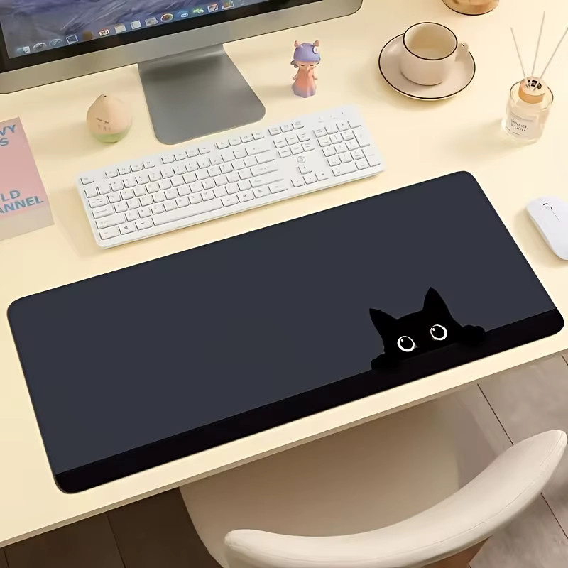 Schwarzes Mauspad mit Katzen-Design, rutschfeste Schreibtischunterlage aus Polyester mit genähten Kanten für Gaming und Büro - Bild 6