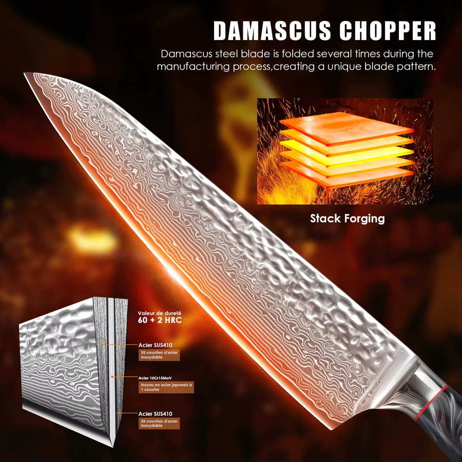 WOLFDAO Damaszener Stahl Kochmesser mit 67 Lagen, 8 Zoll Küchenmesser mit schwarzem G10 Griff, ergonomisches Design für Fleisch, Fisch, Obst und Gemüse - Bild 5