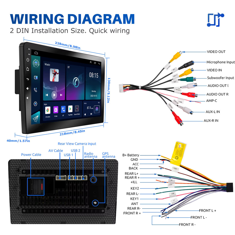 ESSGOO Universelles 2-DIN-Autoradio mit Android 15, 4+64G Speicher, kabellosem CarPlay und Android Auto, GPS Navigation, Bluetooth, WLAN und Touchscreen in Schwarz - Bild 7