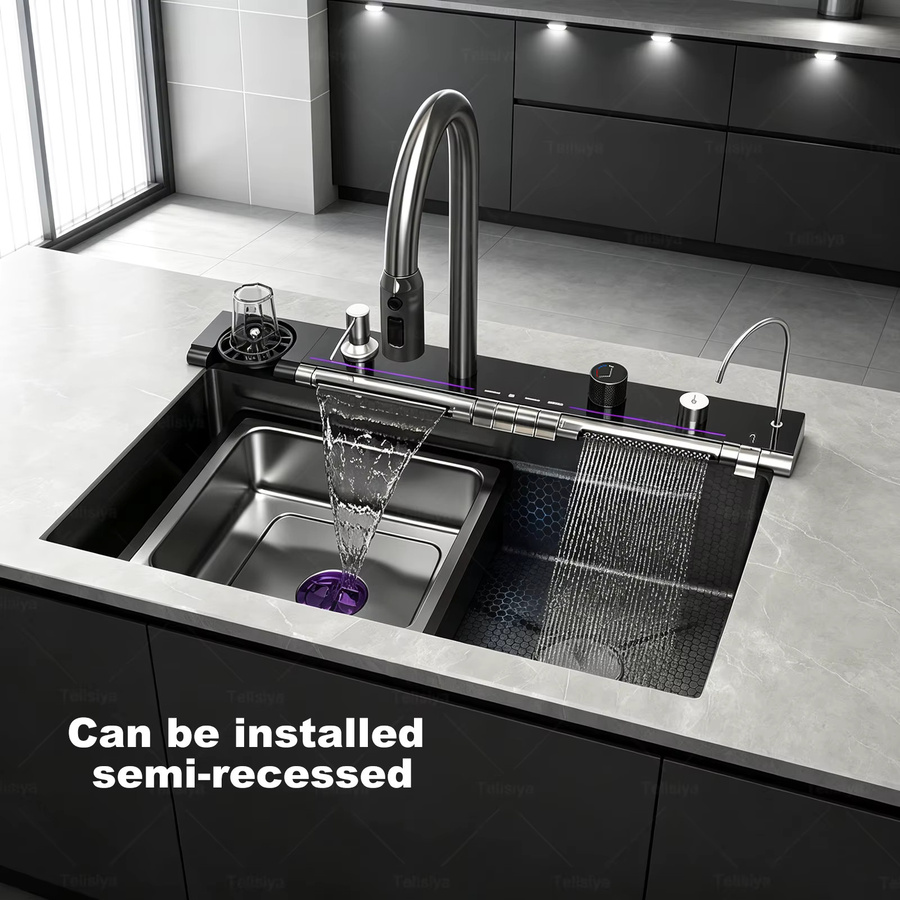 TELISIYA Edelstahl-Küchenspüle in Silber mit großem Einzelbecken, digitaler Anzeige und Wasserfall-Wasserhahn für Warm- und Kaltwasser - Bild 2