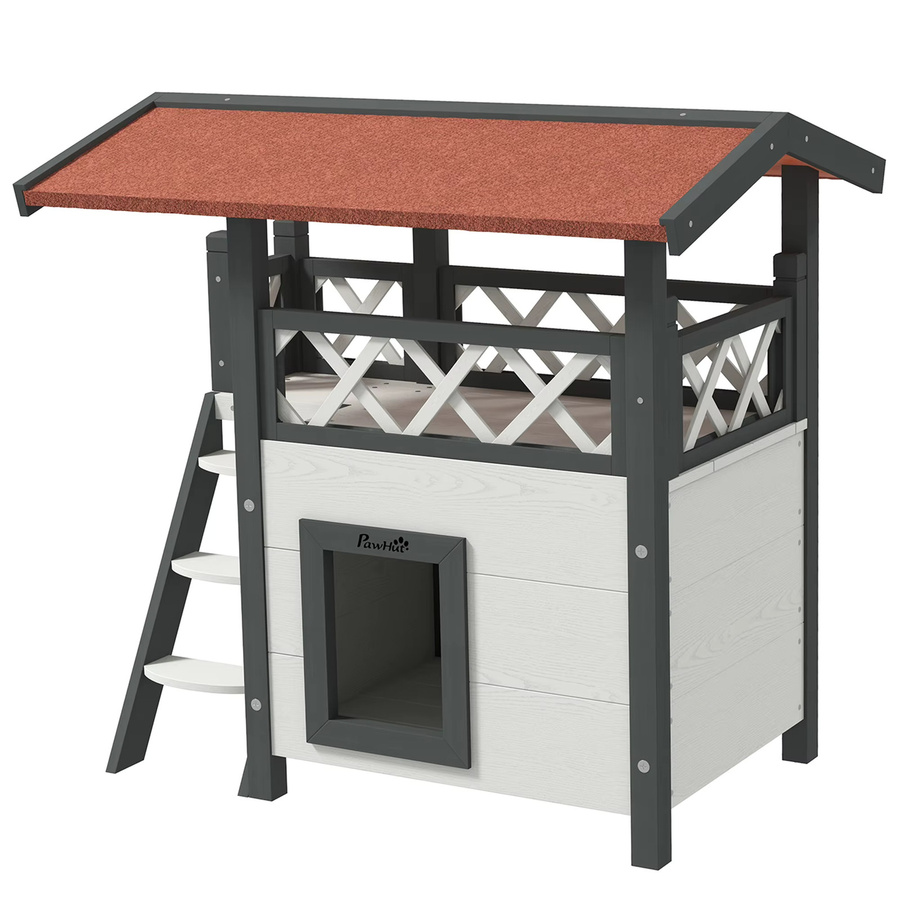 Svintora 2-stöckige Katzenvilla aus Holz mit wetterfestem Asphaltdach, Balkon und Kletterleiter für Garten, Balkon oder Terrassen - Bild 2