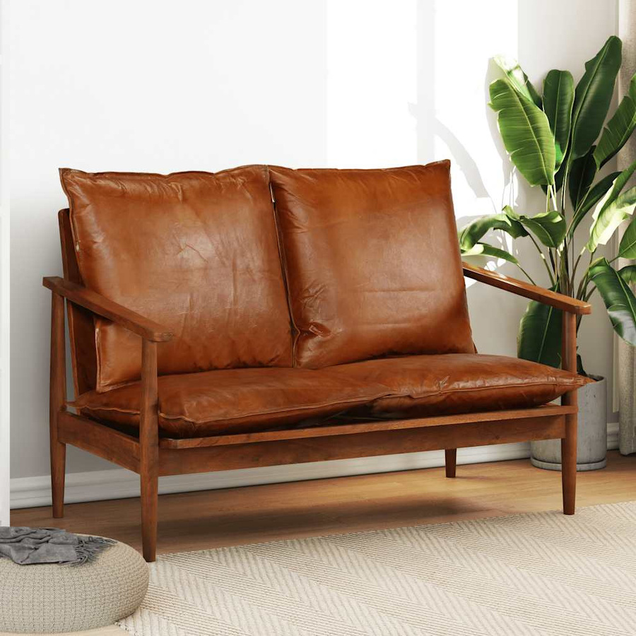 vidaXL 2-Sitzer-Sofa aus Echtleder und Akazienholz in Braun im Vintage-Stil - Bild 2