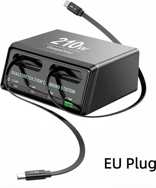 Deepartner Dualstretch 6-in-1 Ladestation mit einziehbaren Kabeln, 210W Power Hub für schnelles Laden von Handys und Geräten, Schwarz - Bild 1