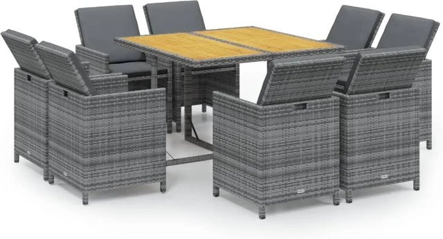 vidaXL 9-teilige Garten-Essgruppe aus Poly-Rattan und massivem Akazienholz in Grau mit Kissen - Bild 1