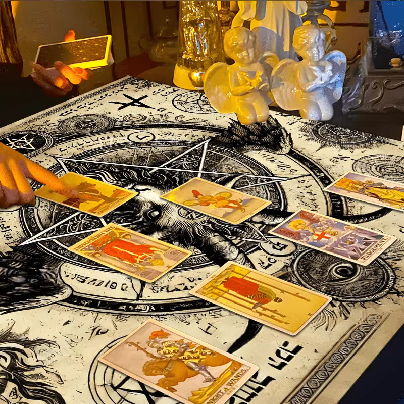 VIKAMA Dark Ritual Tischdecke im Gothic-Stil mit Pentagramm, Ziege und hebräischen Runen für Altar und Wahrsagerei - Bild 2