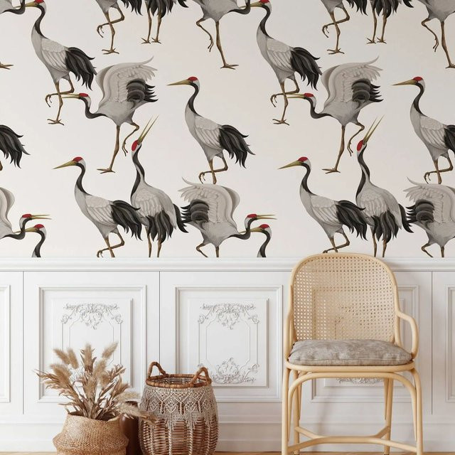 Pixel&Wall Tapete mit weißem Reiher im Vintage-Stil für deine Wanddekoration - Bild 1