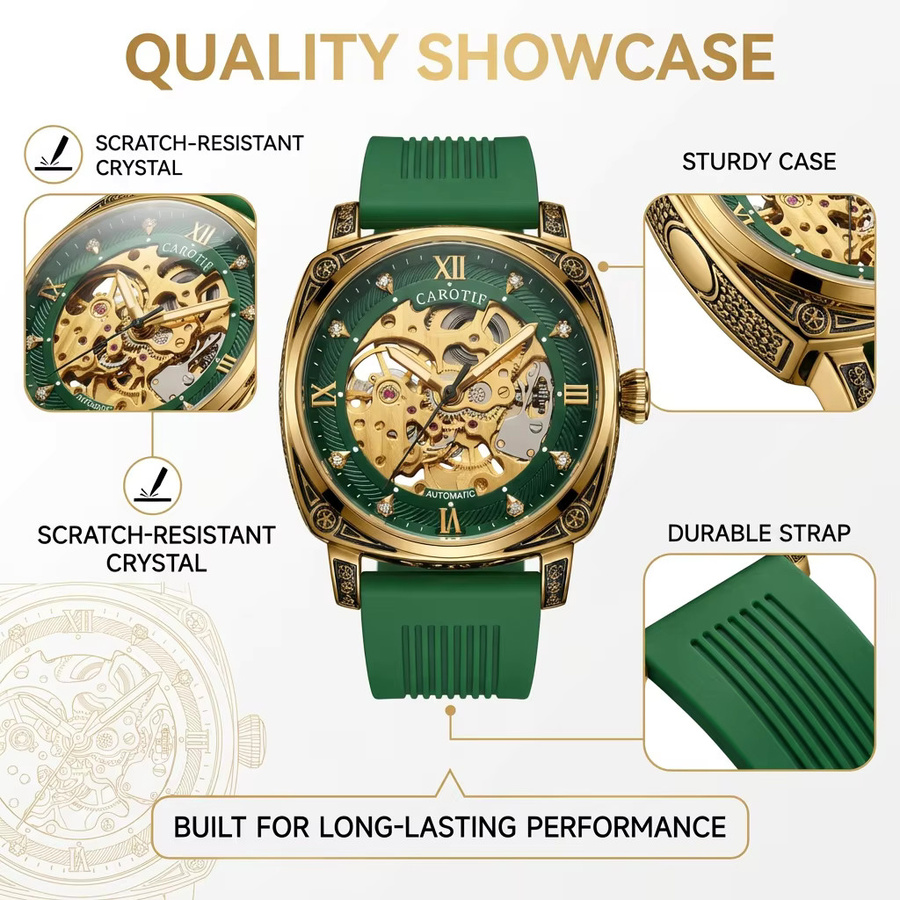 CAROTIF Armbanduhr Automatik, Gold-Grün, Silikon, Herren - Bild 4