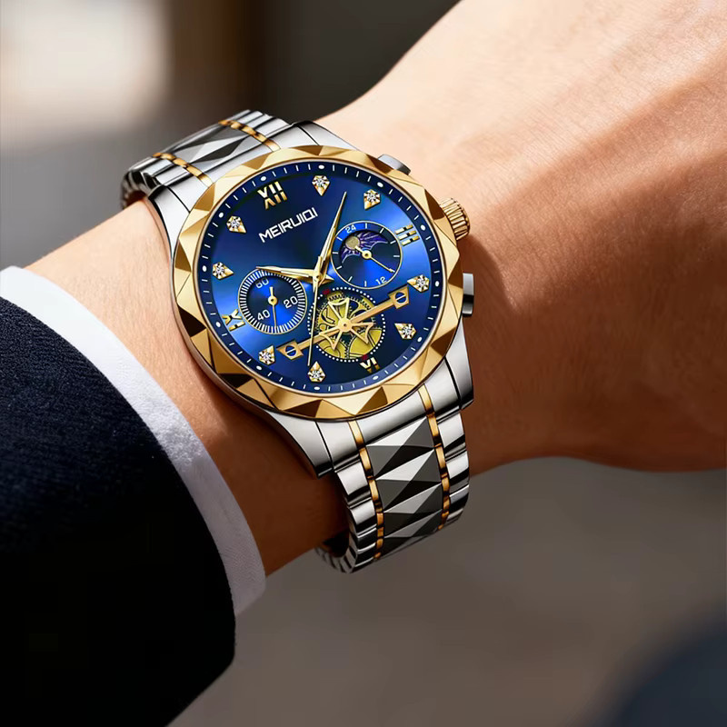 MEIRUIQI Armbanduhr, Quarz, Edelstahl, Goldblau, Herren - Bild 2