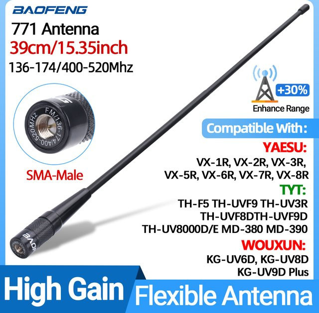 Baofeng BF-771 PRO Dual Band Peitschenantenne mit SMA-Stecker in Schwarz für 136-174/400-520 MHz, kompatibel mit Baofeng P15UV, Yaesu und TYT TH-UV8000D MD-390 - Bild 1
