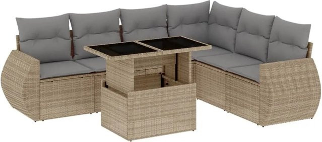 vidaXL 7-tlg. Garten-Sofagarnitur in L-Form aus Poly-Rattan mit Kissen in Beige-Grau - Bild 1