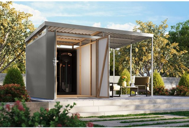Karibu Metallgerätehaus Argos 2,5 mit Anbaudach in Anthrazit - Bild 1