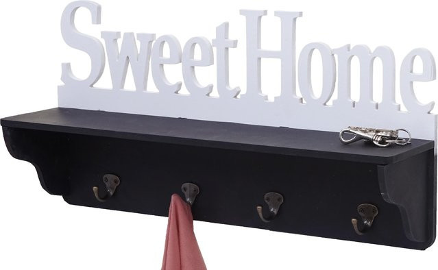 Wandgarderobe MCW Sweet Home D41 mit Regal und 4 Haken aus massivem Kiefernholz, Schwarz/Weiß, B: 60 cm, H: 30 cm, T: 13 cm - Bild 1