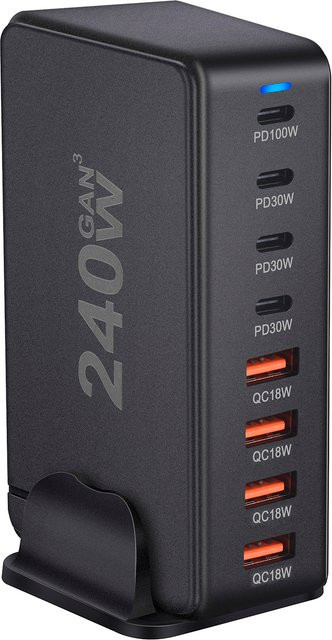 Deepartner 240W GaN Desktop-Ladegerät in Schwarz mit 8 USB-C-Anschlüssen und PD 3.0 Schnellladung - Bild 1