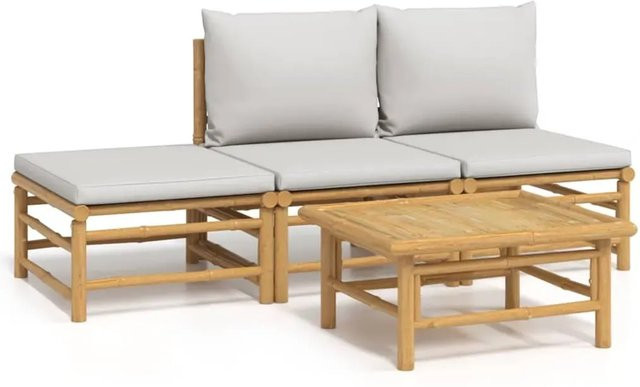 vidaXL 4-tlg Garten-Lounge-Set aus Bambus mit grauen Polsterkissen, L-Form mit Sofa, Ottoman und Tisch - Bild 1
