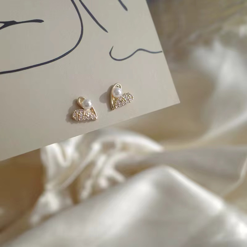 Anenjery Ohrstecker, Silber Farbe, Mikro Zirkon, Liebe Herz, Perle, Damen - Bild 5