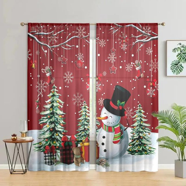 2er-Set Weihnachtsvorhänge mit Schneemann und Schneeflocken-Motiv in Braun, halbtransparent, B: 150 cm, H: 166 cm - Bild 1