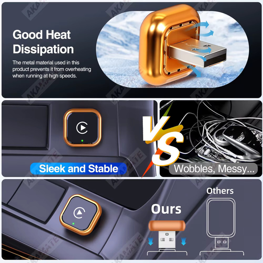 AKAMATE 2-in-1 Adapter für kabelloses CarPlay und Android Auto mit Bluetooth und USB-C in Orange und Gold - Bild 4