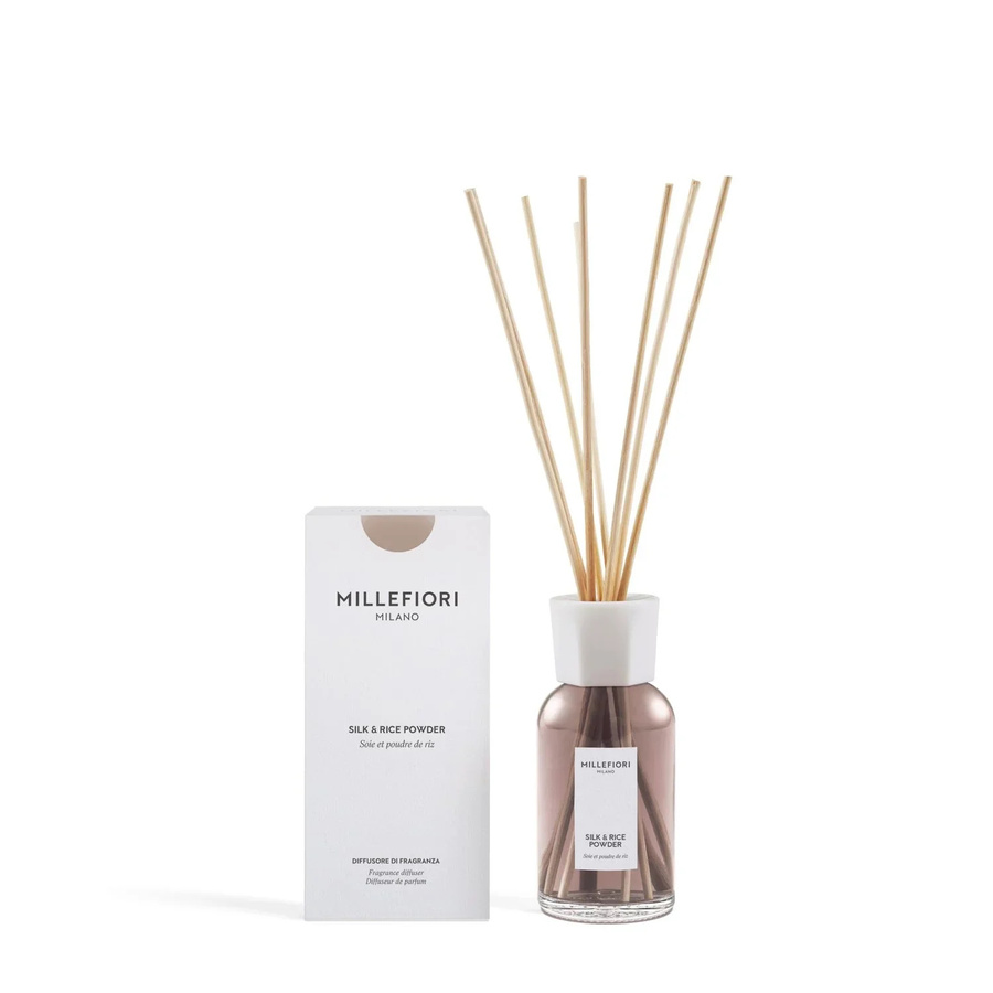 Millefiori Milano Reed Diffuser Duftstäbchen Silk & Rice Powder mit floralen und pudrigen Noten, 250 ml - Bild 1