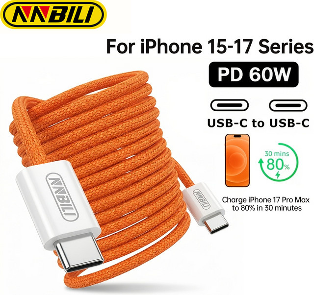 NNBILI USB-C zu USB-C Kabel 60W PD Schnelles Ladekabel Geflochten in Grau und Orange für iPhone, Samsung, Xiaomi, Laptop und HUAWEI - Bild 1