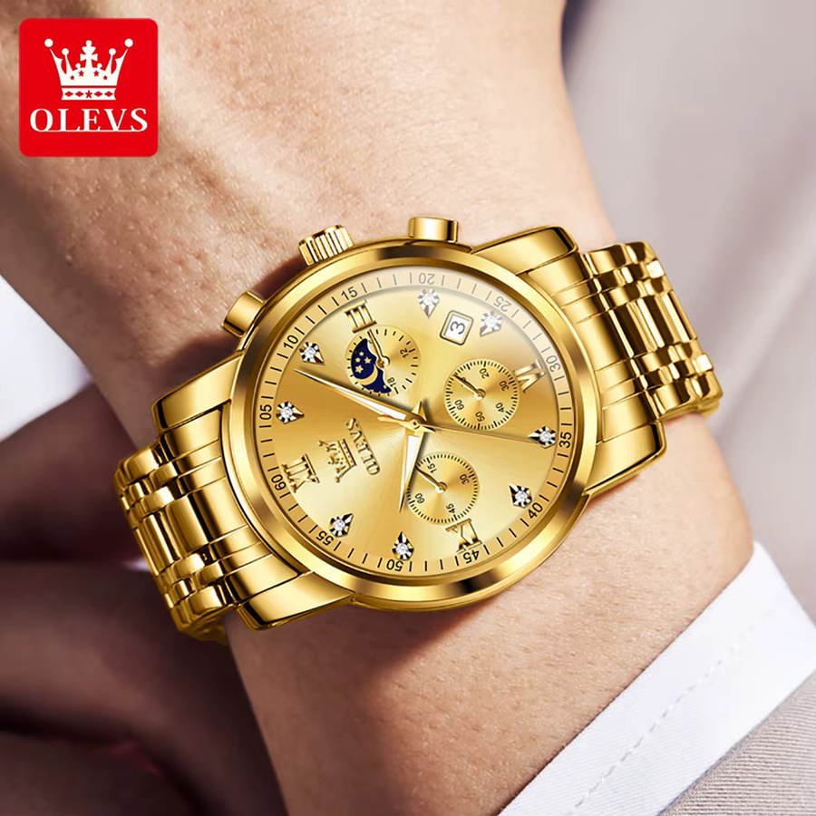 OLEVS Chronograph Armbanduhr, Quarz, Edelstahl, Gold, Herren - Bild 2