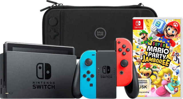 Nintendo Switch Konsole in Rot/Blau mit Mario Party Jamboree und BlueBuilt Schutzhülle - Bild 1