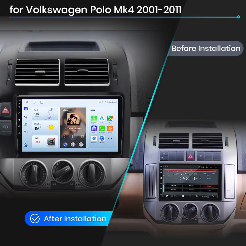 Junsun Wireless CarPlay und Android Auto Autoradio für Volkswagen Polo Mk4 Typ 9N/9N3 (2001-2009) mit GPS Navigation, WiFi, Bluetooth, DSP und IPS Display in Schwarz - Bild 2