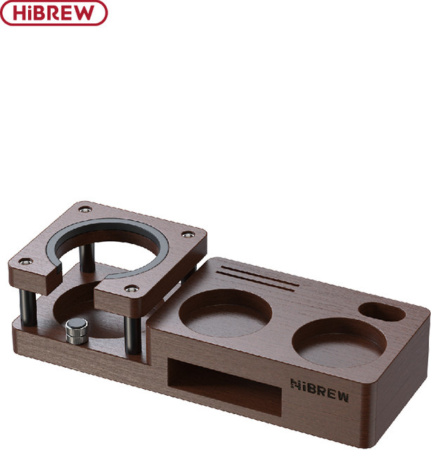 HiBREW Holzstampfstation in Braun für 51 mm und 58 mm Siebträger sowie Espressoverteiler und Filtersiebhalter für H10A und H13 - Bild 1