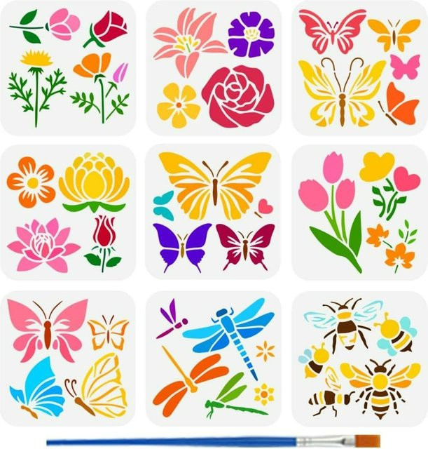 9 Stück Blumen-Malschablonen Set mit Pinsel für DIY-Projekte, Motive: Rosen, Lilien, Tulpen, Schmetterlinge, Bienen und Libellen, B/B: 15 x 15 cm - Bild 1