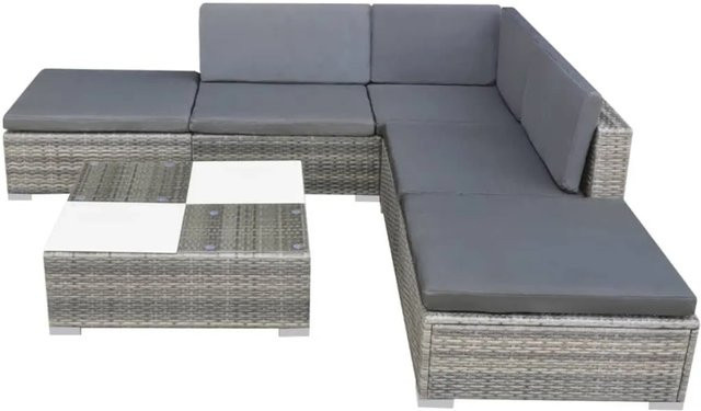 vidaXL 6-tlg Garten-Lounge-Set in L-Form aus Poly Rattan und Metall in Grau mit Auflagen und Ottoman - Bild 1