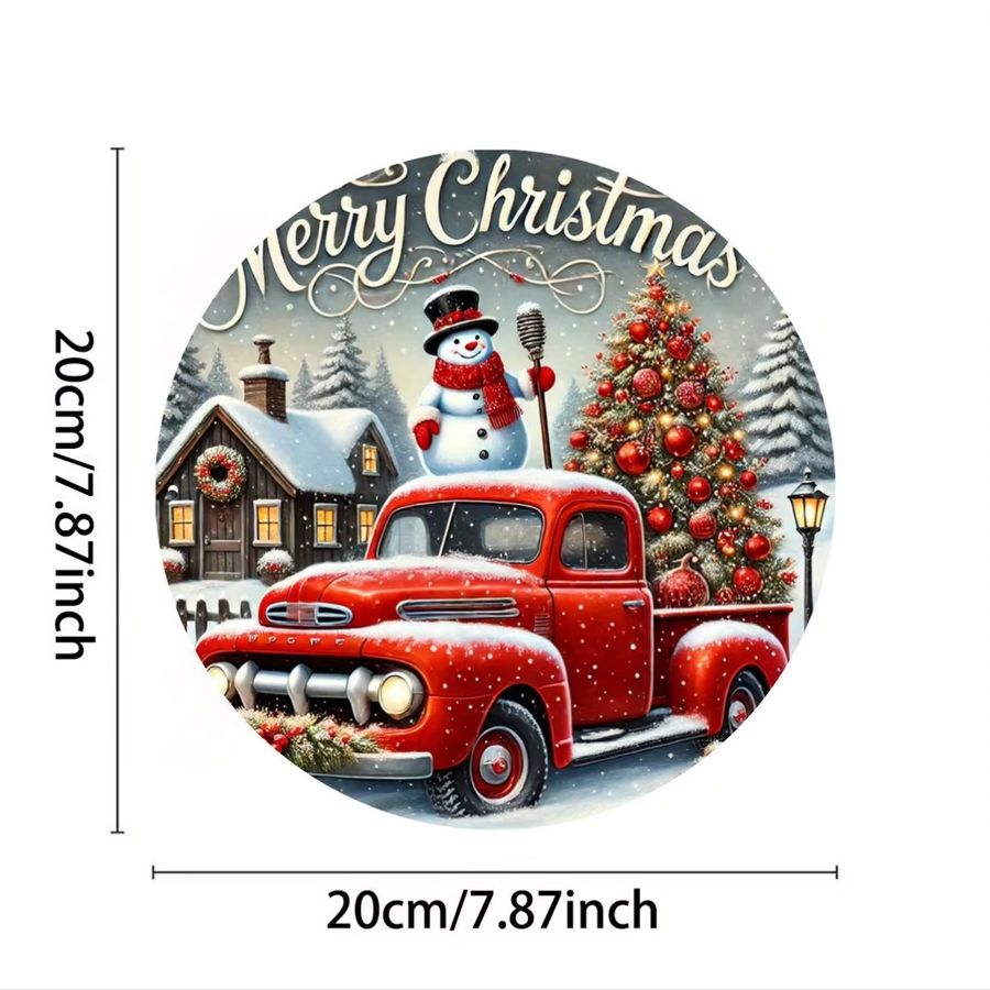 Rustikales Frohe Weihnachten Wandschild von Potdemiel aus Metall und Eisen mit Schneemann und rotem LKW, Durchmesser: 20,3 cm - Bild 2