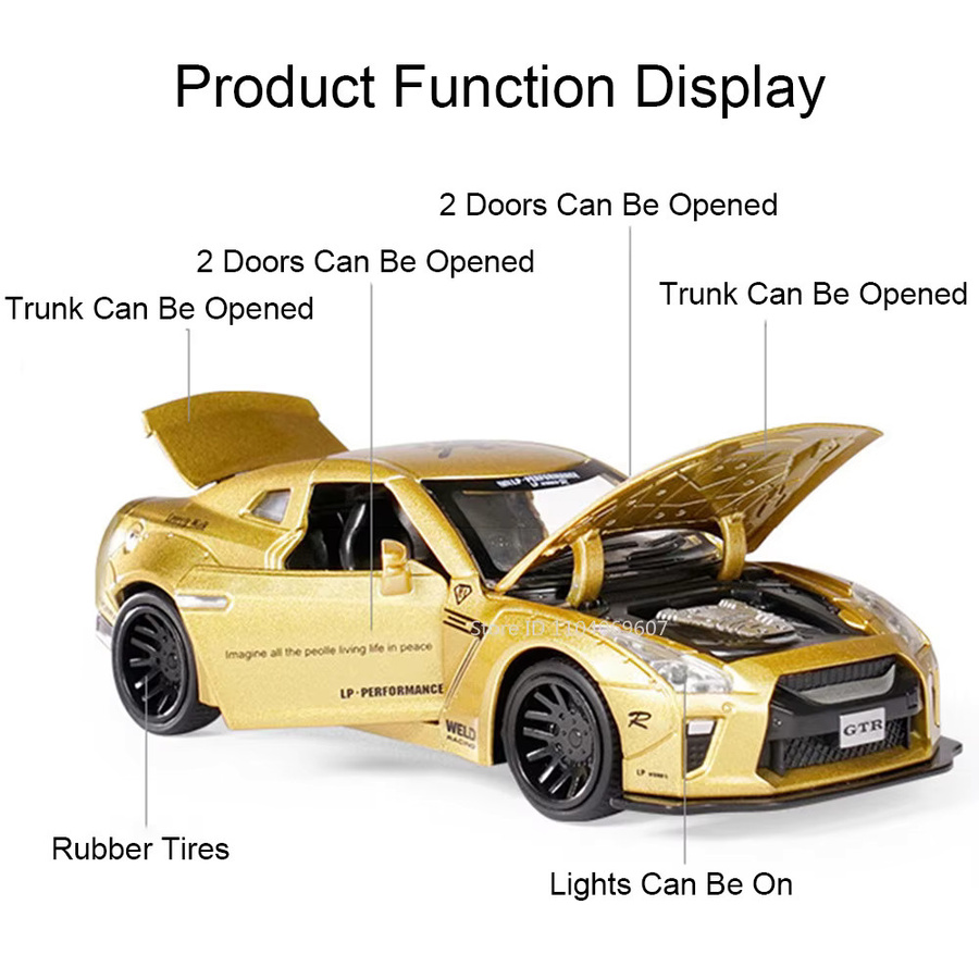 MAKEDA GTR GTR34 Miniatur-Sportwagen-Modell, Maßstab 1:32, mit Licht und Sound, Gelb - Bild 3