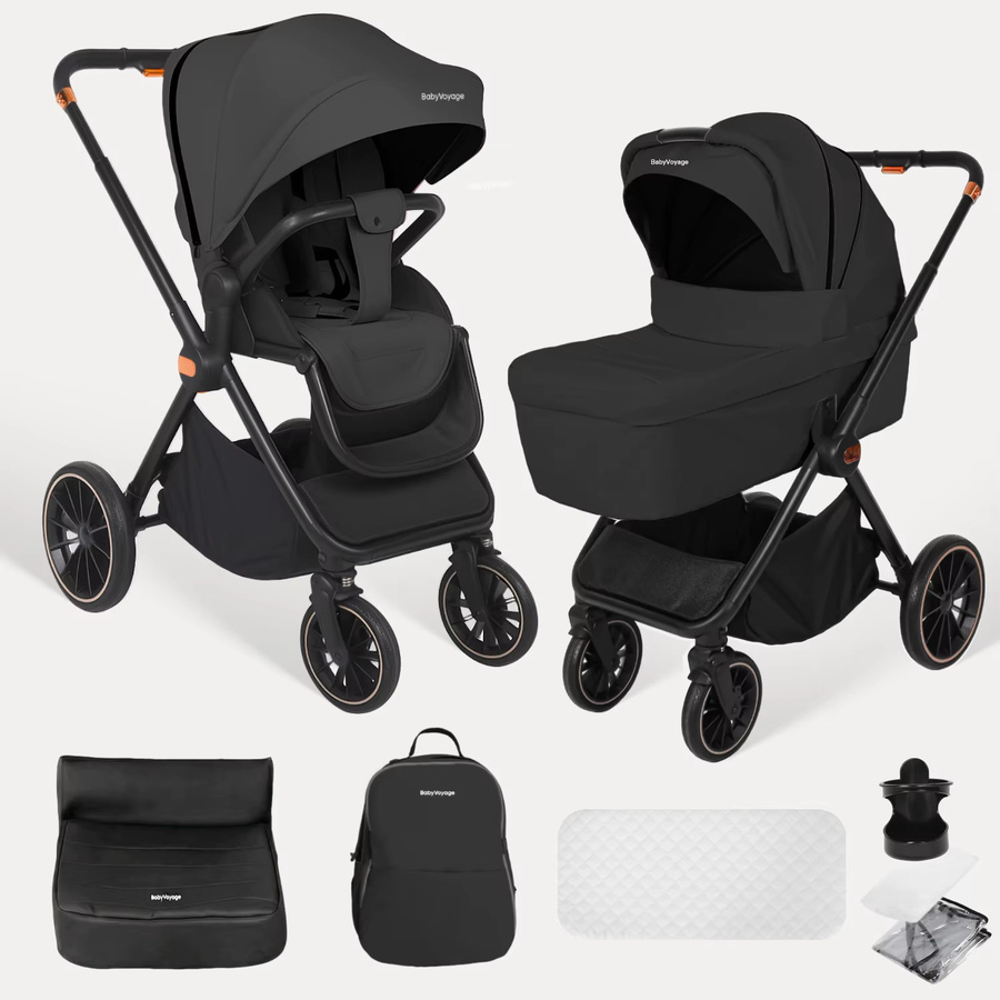BabyVoyage 4-in-1 Kinderwagen-Reisesystem mit Autositz, ISOFIX-Basis, Babywanne und 360 Grad drehbarem Sitz in Schwarz - Bild 2