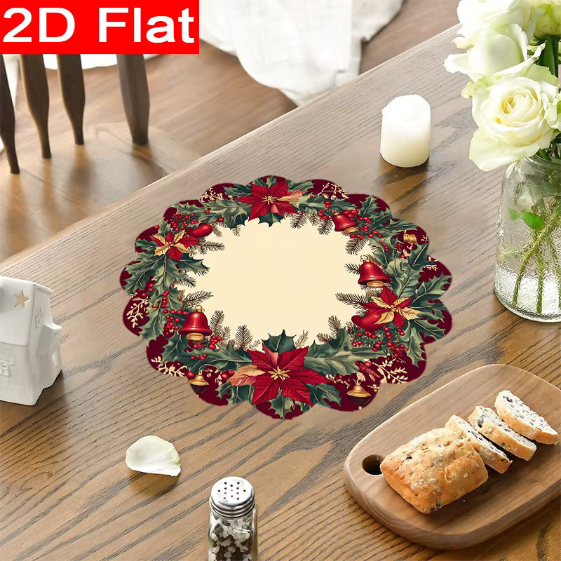 VIKAMA 8er Set Weihnachts-Tischsets mit Stechpalmenblättern, roten Beeren und Glocken in Rot und Grün - Bild 3