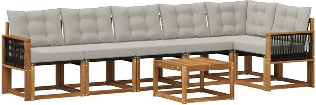 vidaXL Outdoor-Sofagarnitur L-Form aus Akazienholz und Textilene in Natur und Hellgrau mit 7 Kissen und Armlehnen - Bild 1