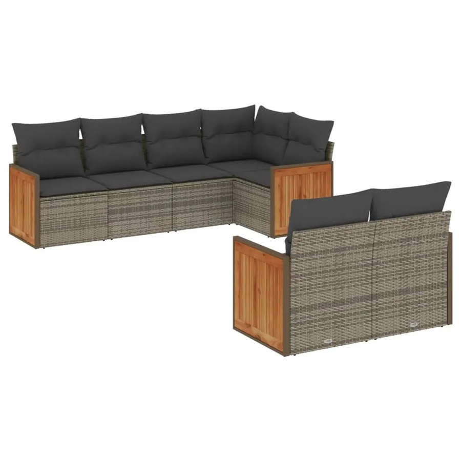 vidaXL 7-tlg. Garten-Sofagarnitur in L-Form aus Poly-Rattan und Akazienholz in Dunkelgrau mit Kissen und Stauraum - Bild 2