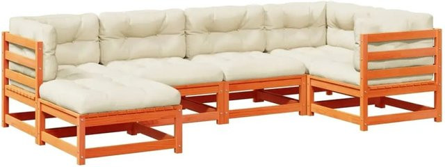 vidaXL 6-teilige Garten-Sofagarnitur aus Kiefernholz in Wachsbraun mit Polsterkissen und Ottoman in L-Form - Bild 1