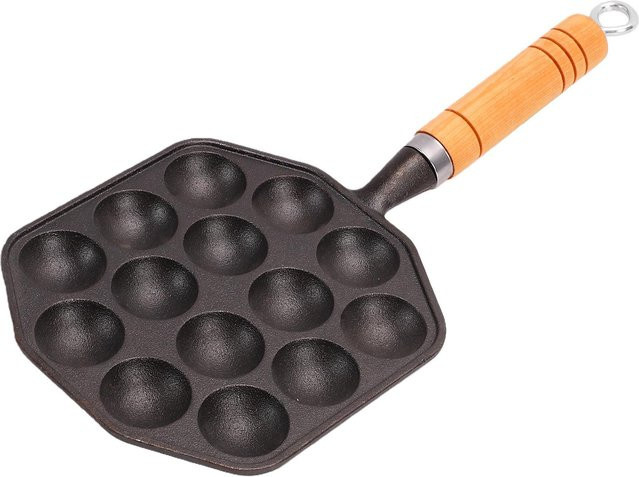 Fishine Takoyaki-Pfanne aus Gusseisen mit 14 Löchern, Antihaft-Beschichtung, abnehmbarem Griff, Schwarz - Bild 1