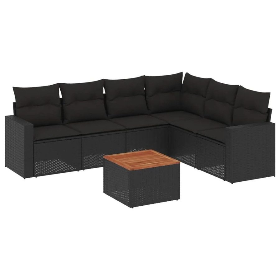 vidaXL 7-teilige Garten-Sofagarnitur in L-Form aus schwarzem Poly-Rattan mit Kissen und Akazienholz - Bild 2