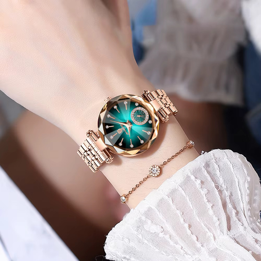 POEDAGAR Armbanduhr, Quarz, Edelstahl, Diamantbesetzt, Grün, Damen - Bild 5