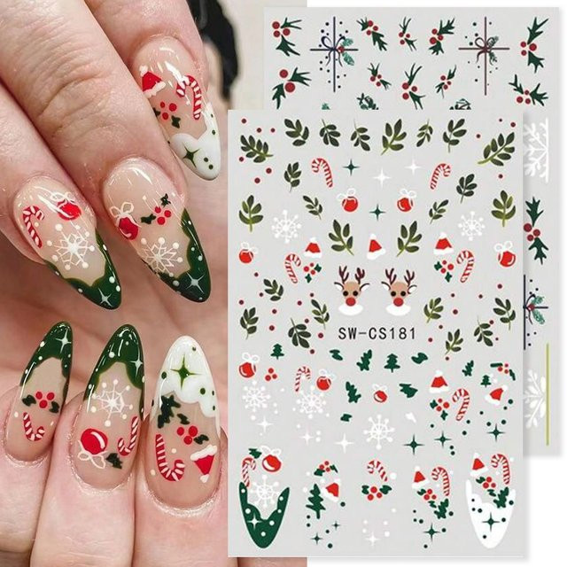 Sweet Trend Nagelaufkleber, Grüne Blätter, Holly, Schneeflocke, 2/4 Stück - Bild 1