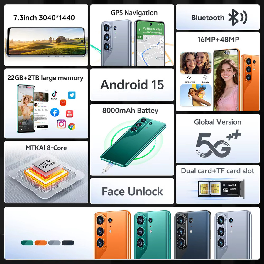 CHOTOG S26 Ultra Smartphone Android 5G mit 7,3 Zoll HD Display, 22GB RAM, 2TB Speicher, 7800mAh Akku und 16+48MP Kamera in Schwarz - Bild 2
