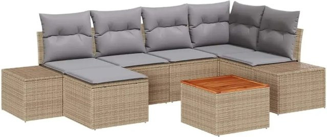 7-teiliges vidaXL Garten-Sofa-Set aus Polyrattan in Beige und Hellgrau mit Akazienholz-Gestell und UV-beständigen Kissen - Bild 1