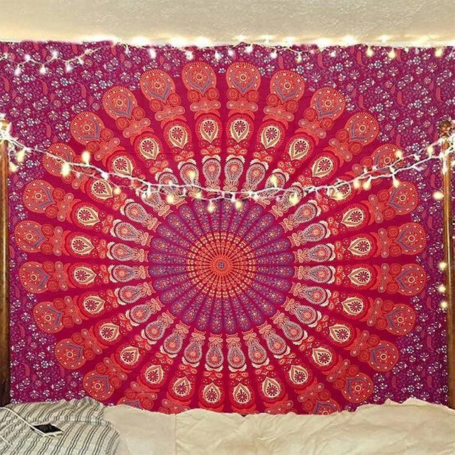 Bag Bloom Threads Wandbehang Mandala Pfauen-Design in Gold und Blau, Boho Hippie Wandteppich, B: 150 cm, H: 180 cm - Bild 1