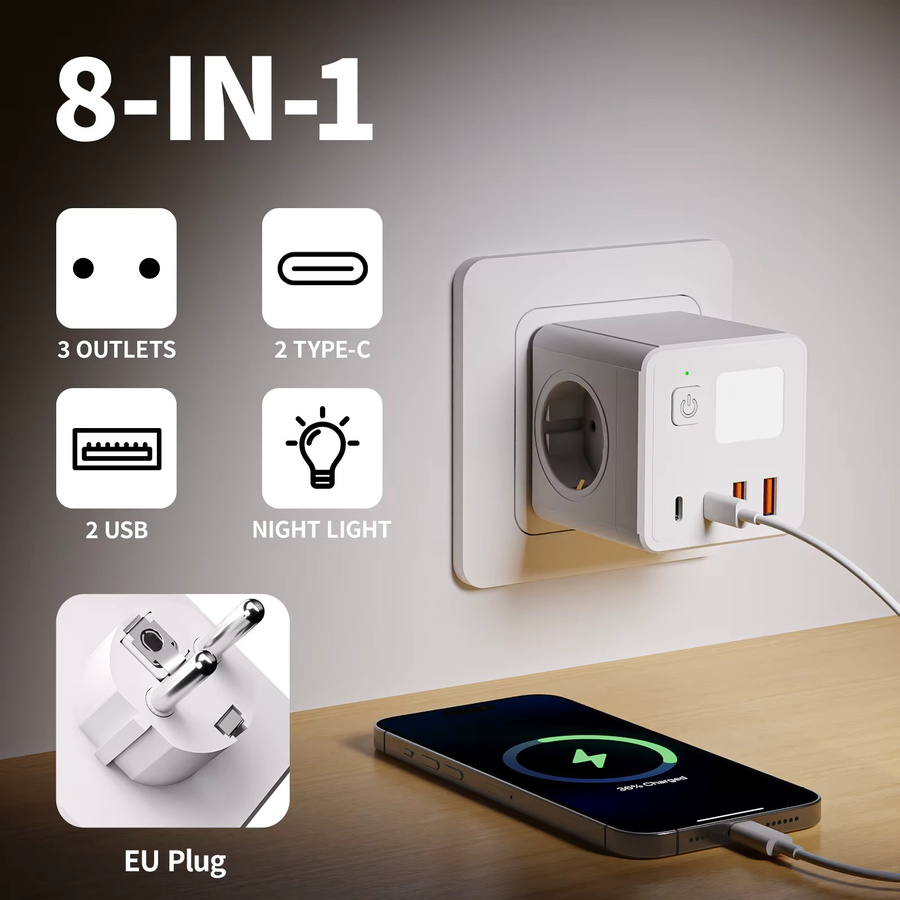 Guwansenen Steckdosenleiste in Weiß mit 3 AC-Steckdosen, 2 USB-A und 2 USB-C Anschlüssen sowie dreifarbigem Nachtlicht - Bild 3