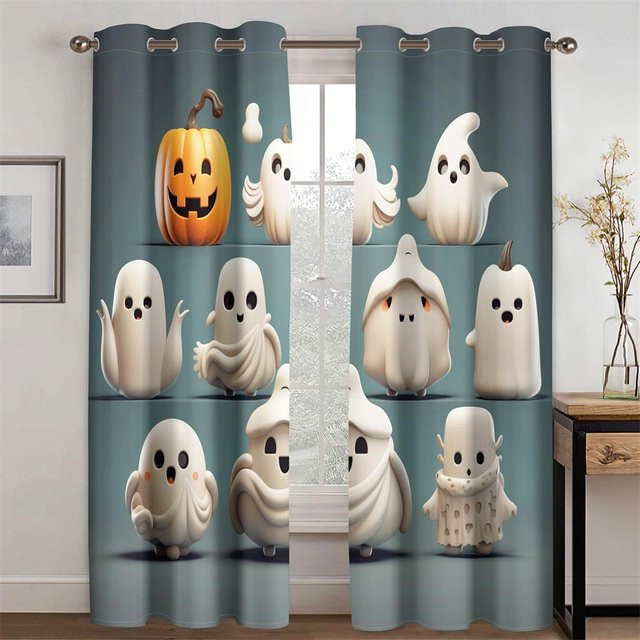 Halloween Vorhänge mit niedlichen Geister-Motiven, 2er Set, Weiß, B: 50 cm, H: 130 cm - Bild 1