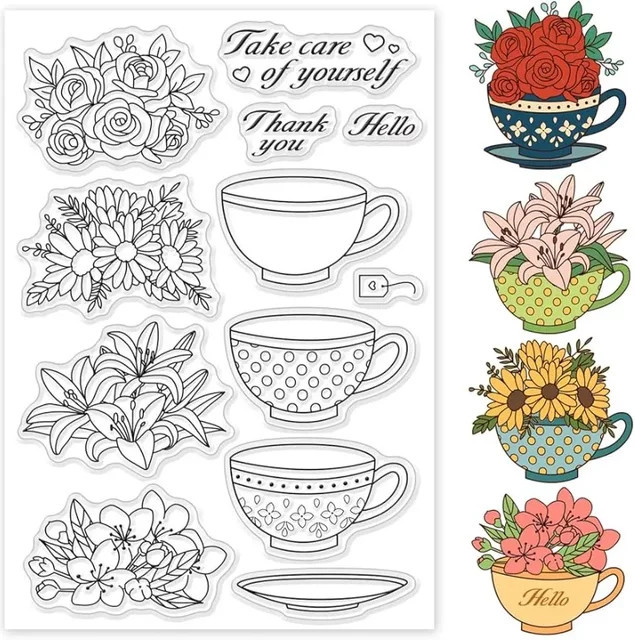 Transparenter Silikonstempel mit Tee-Tasse und Blumen für die Kartenherstellung, B/H/T: 16 x 11 x 0,3 cm - Bild 1