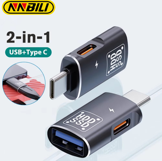 NNBILI 2-in-1 OTG Adapter USB-C auf USB 3.0 und USB-C Buchse in Schwarz für iPhone 15, Samsung und Xiaomi - Bild 1
