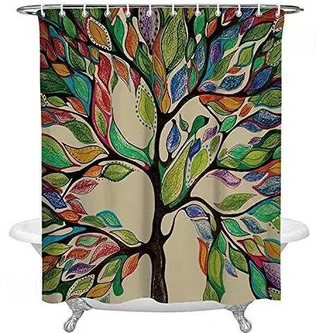Wasserdichter Duschvorhang von AudreyKey mit Buntglas-Wiesenblumen und Libellen Design, Polyester, Mehrfarbig, B: 90 cm, H: 180 cm - Bild 1