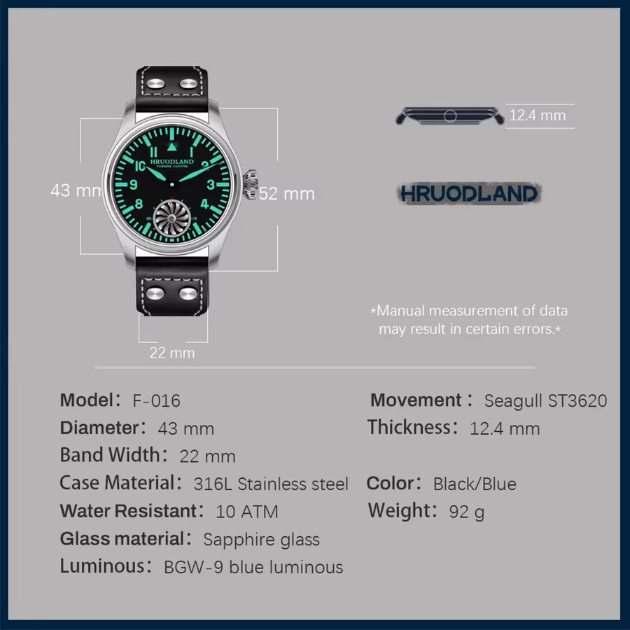 Hruodland Armbanduhr, Handaufzug, Edelstahl, Leder, Herren, Schwarz - Bild 2